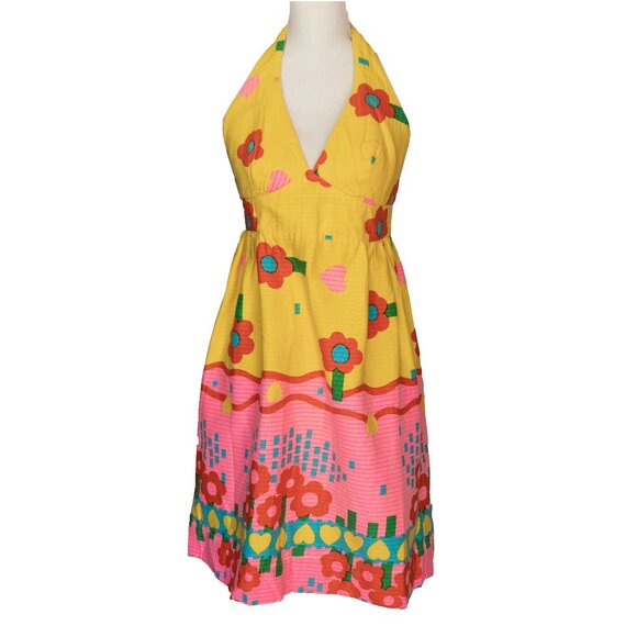 Vintage 60s Malia Honolulu Mini Dress Mod Floral Bright Neon Beach Cover Halter - Picture 1 of 14